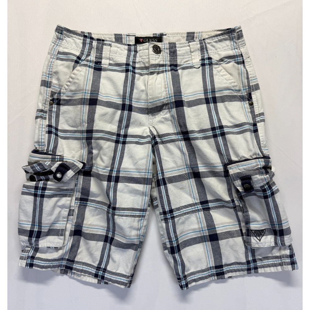 Guess‎ Cargo Shorts Mens 32 White Multi Plaid Cotton Stretch Utility Pockets